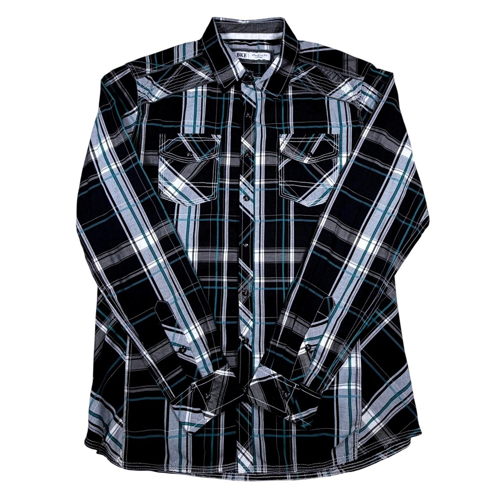 BKE Mens Large Athletic Fit Plaid Button Down‎ Shirt Black Teal Western Cowboy